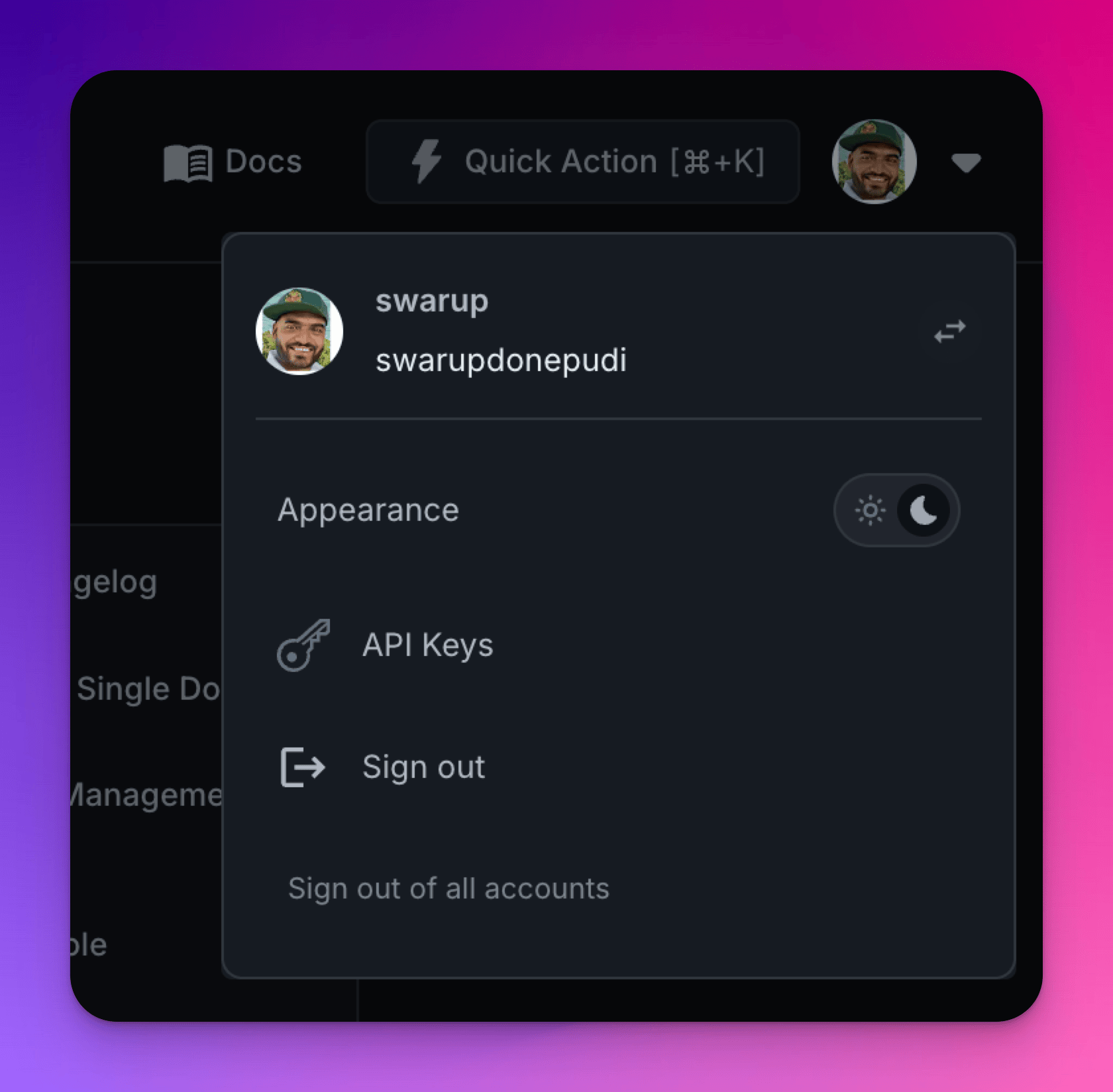 Profile dropdown showing the swap icon next to the active account name, with Appearance, API Keys, and Sign out options below
