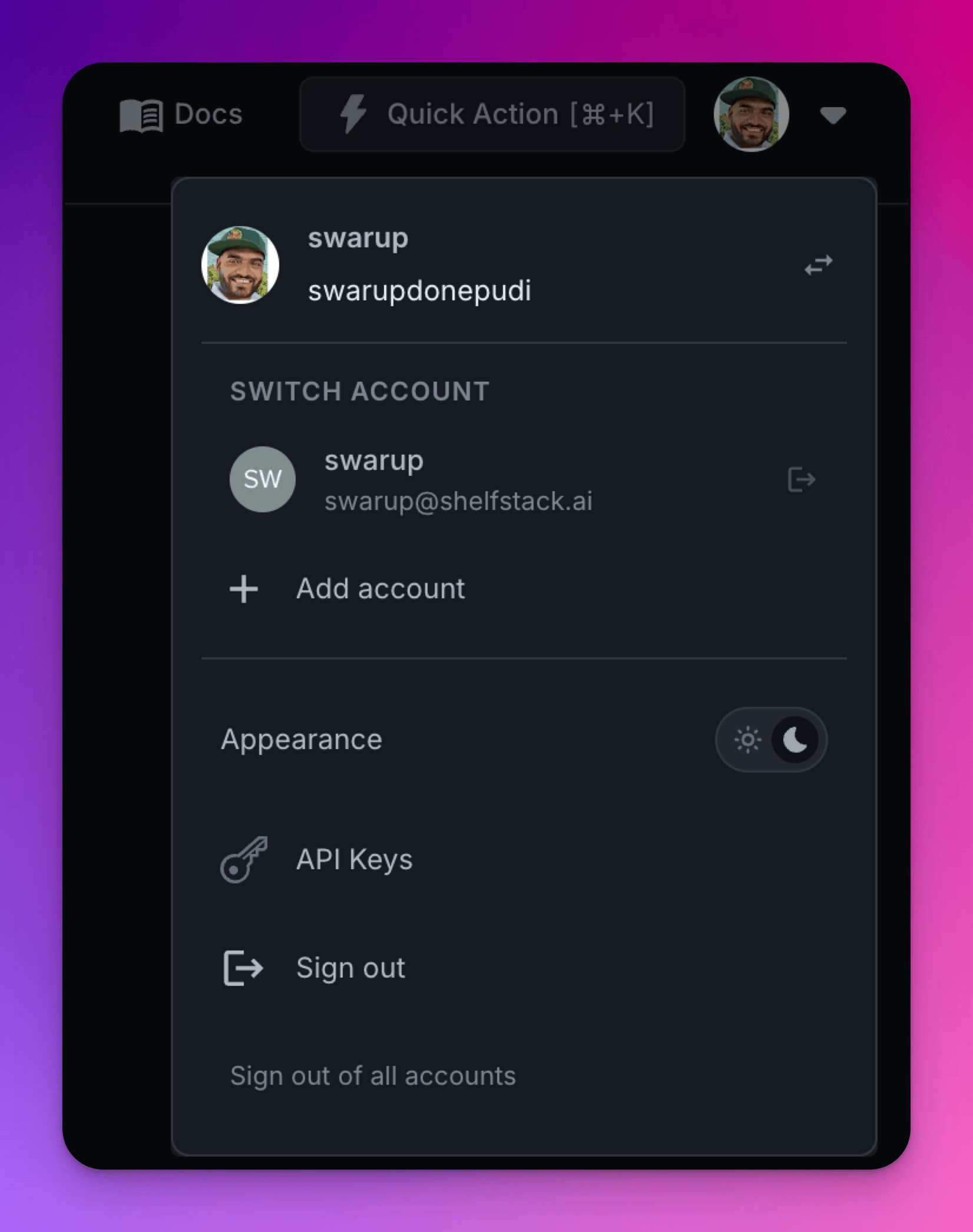 Account switcher panel expanded showing a linked account (swarup@shelfstack.ai) with its avatar, the Add account option, and Sign out of all accounts at the bottom